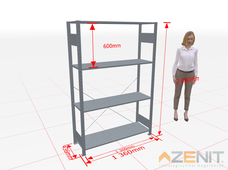 Kapcsolható polcos állvány alapmező MULTIplus típus, 1300×400 mm polcokkal, 2000 mm magas 4 polcos horganyzott 